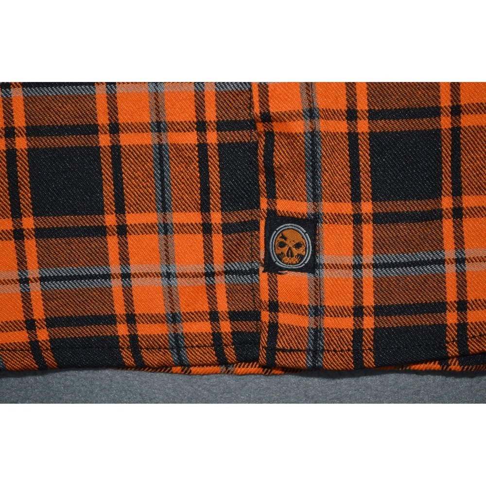 Demons Behind Me Flannel Button Up Shirt 3XLT Orange Black Plaid Skull Patch New - Picture 6 of 12